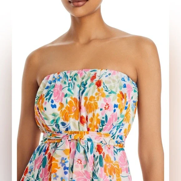 NWT- Aqua- Strapless Tie Waist Floral Mini Dress- Size Medium - Picture 3 of 8